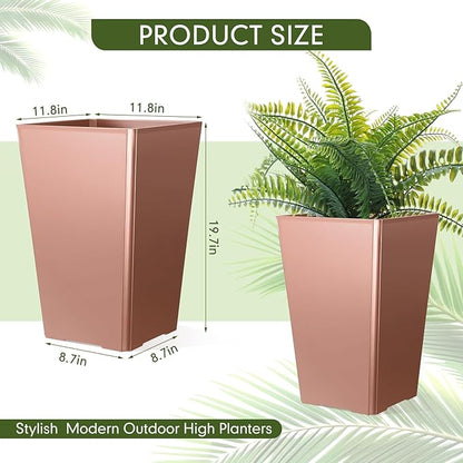 Set of 2 15.75 Inch Large Taper Planters Outdoor Indoor Tall Resin Flower Pots with Drainage Holes Modern for Front Door Patio Backyard Plants (Gold Pink)