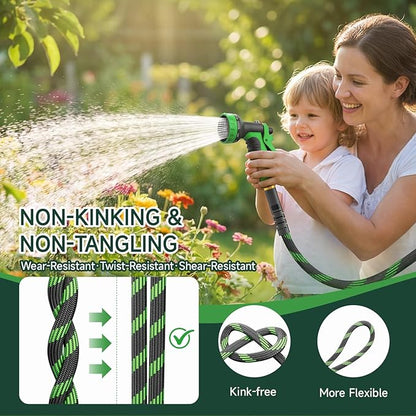 Non-Expandable Garden Hose 125 FT, Heavy-Duty & Flexible Water Hose with 10-Function Nozzle, Kink-Free & Leak-Proof Design, Ultra Lightweight Portable Yard Hose for Lawn, Car, Outdoor Use