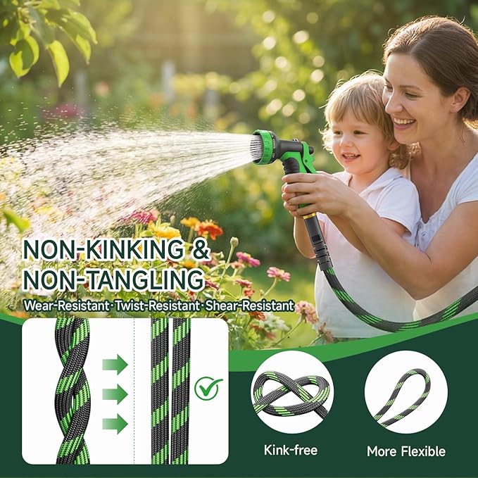 Non-Expandable Garden Hose 25 FT, Heavy-Duty & Flexible Water Hose with 10-Function Nozzle, Kink-Free & Leak-Proof Design, Ultra Lightweight Portable Yard Hose for Lawn, Car, Outdoor Use