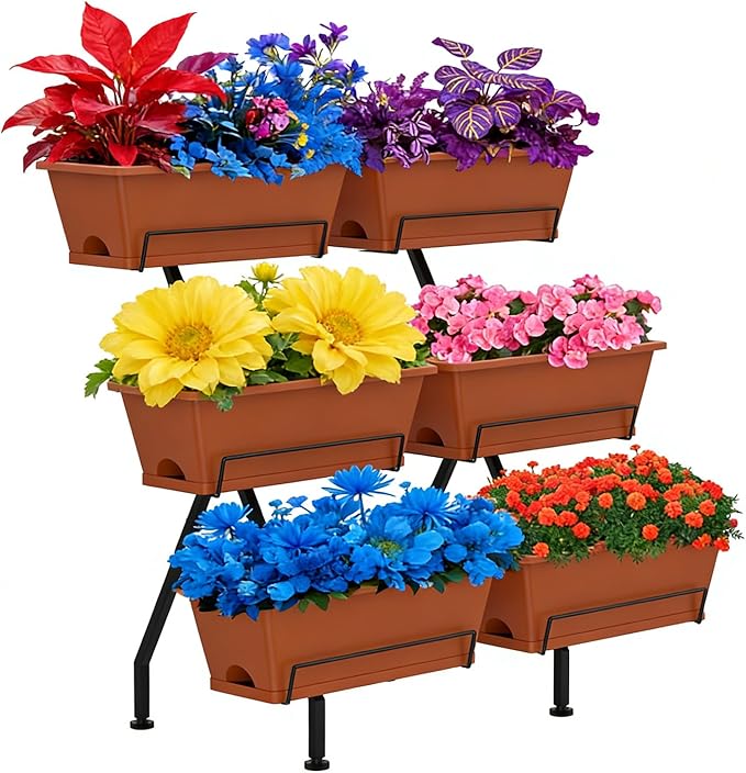 Vertical Garden Planter 3 Tier Vertical Raised Garden Bed Standing Garden Planters with 6 Container Boxes Elevated Garden Planters Indoor Outdoor Herb Planter for Flowers Vegetables Plants, Brick Red
