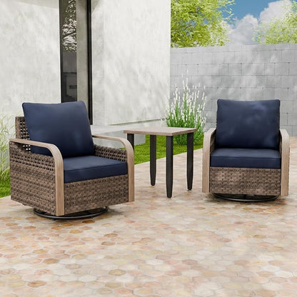 Modern Wicker Bistro Table and Chairs Set, Rattan Outdoor Bistro Set for Patio, Wicker Patio Swivel Rocking Chairs & Table, 3 Pieces, Brown/Blue