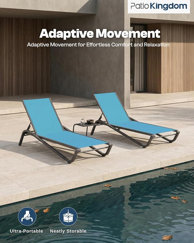 Patio Chaise Lounge Chairs Set of 6, All-Weather Aluminum Pool Loungers for Outside, 5-Position Adjustable Sunbathing Chairs for Tanning, Stackable for Backyard, Poolside, Sky Blue