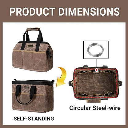 Tool Bag, 15-inch Heavy Duty 16oz Waxed Canvas Wide Mouth Water-Resistant Tool Bag, Tool Tote with Handle for Tools, Wrenches, Screwdrivers (15 X 7.8 X 11.5 inch) | Grey