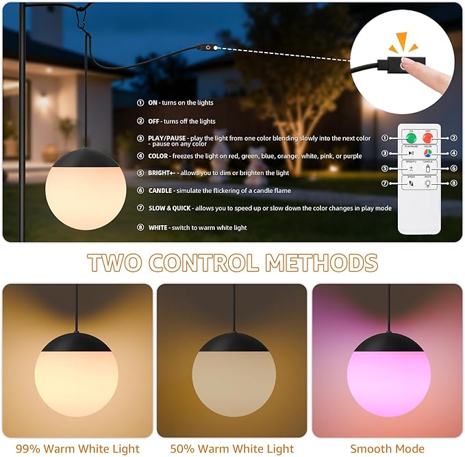 FUYO Rechargeable LED Camping Lantern, 2-Pack Garden Decor Lights Waterproof Outdoor Lanterns w/ Remote & 8 Colors, Hanging Ball Lights for Backyard Fence Pathway Porch Christmas Decorative