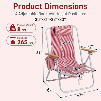 Outvita Folding Beach Chair, 4 Position Adjustable Reclining Lounge Chair with Padded Headrest, Large Rear & Side Storage Pockets, Lightweight Portable Outdoor Chair for Beach Pool Garden BBQ