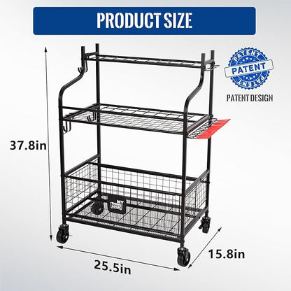 Mythinglogic Garden Tool Organizer for Garage, Yard Tool Rack with Wheels, Garage Organizers and Storage Holder for Yard Tools (Deluxe Tower)