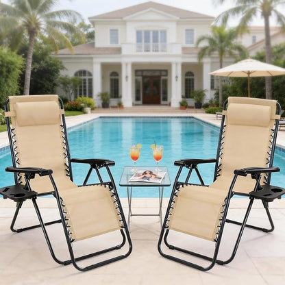 NEWBULIG Zero Gravity Chairs Set of 2, Lounge Chair Folding Portable Adjustable Camping Recliner with Adjustable Pollow, Mesh Back, Cup Holder Trays Lawn Patio Chair for Pool Beach