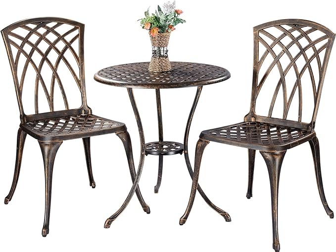 Bistro Set 3 Piece Cast Aluminum Patio Furniture Sets 2 Chairs and 1 Round Table with Umbrella Hole for Outdoor, Patio Balcony, Bronze