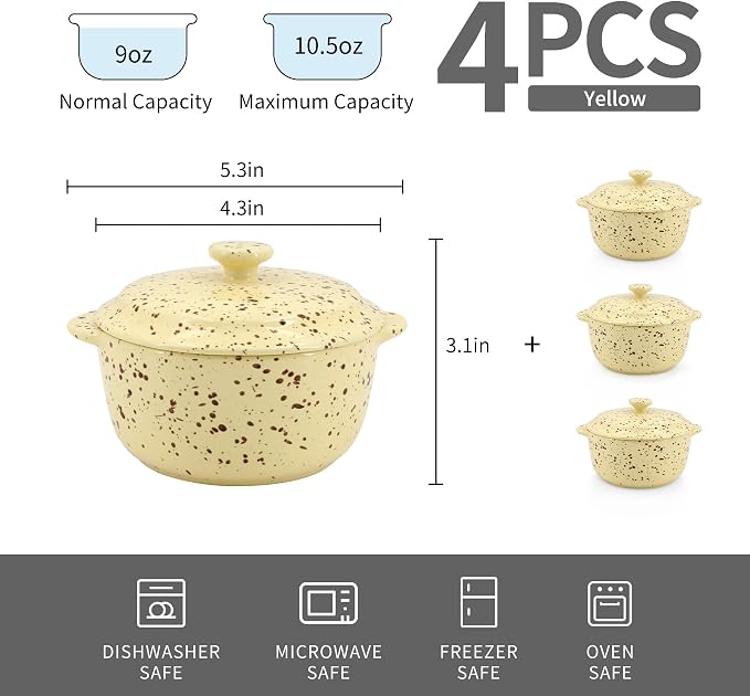 4-Piece 10 Oz Mini Ceramic Cocotte Set with Lids & Handles - Oven-Safe Casserole Dishes Ideal for Souffle, Soup, Cobbler & More, Stoneware Baking Ramekins, Yellow