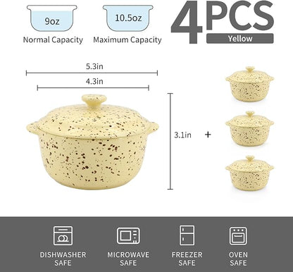 4-Piece 10 Oz Mini Ceramic Cocotte Set with Lids & Handles - Oven-Safe Casserole Dishes Ideal for Souffle, Soup, Cobbler & More, Stoneware Baking Ramekins, Yellow