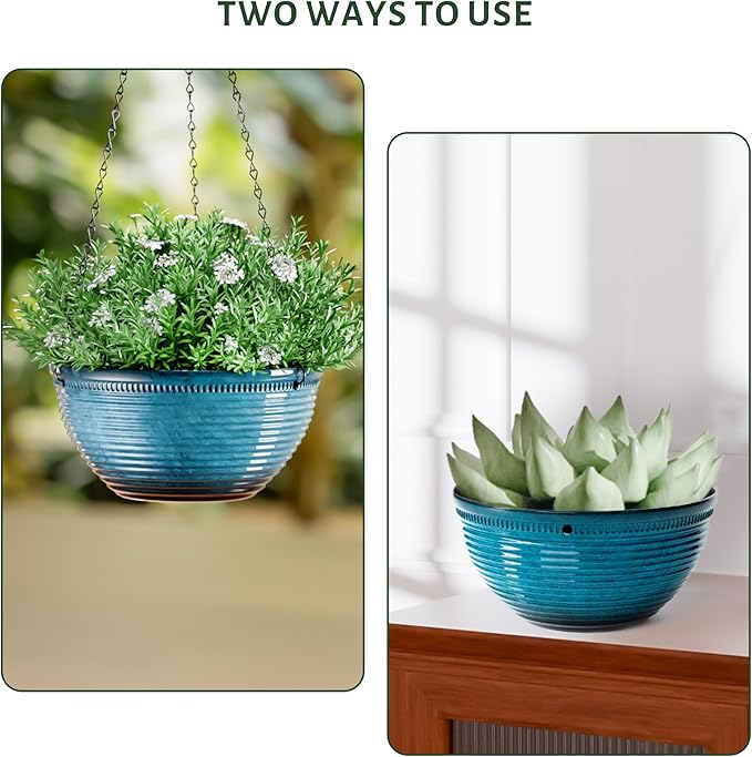 10in Hanging Planters for Indoor and Outdoor Plants, 2 Pack Hanging Planter with Drainage Hole, Round Hanging Flower Pots for Garden Home Decor (Blue)