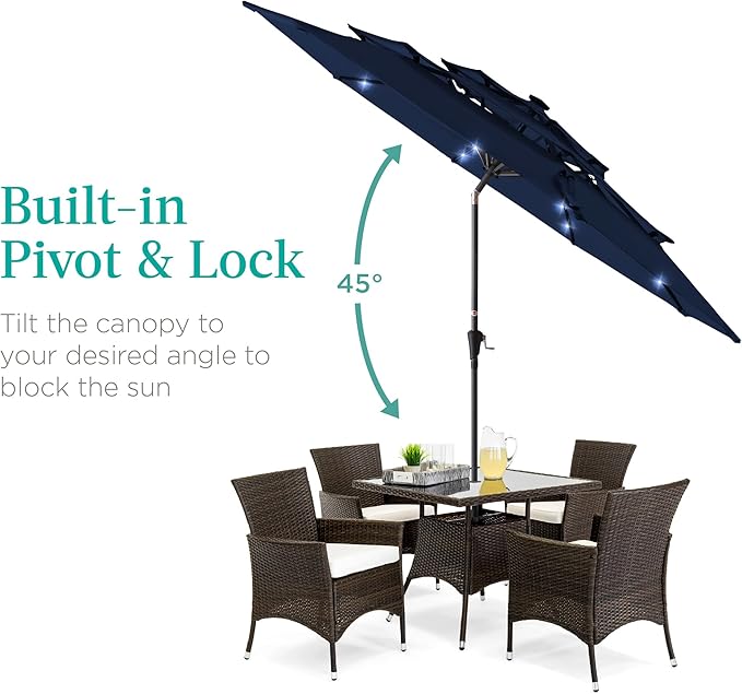 Best Choice Products 10ft 3-Tier Solar Patio Umbrella, Outdoor Market Sun Shade for Backyard, Deck, Poolside w/ 24 LED Lights, Tilt Adjustment, Easy Crank, 8 Ribs - Navy Blue