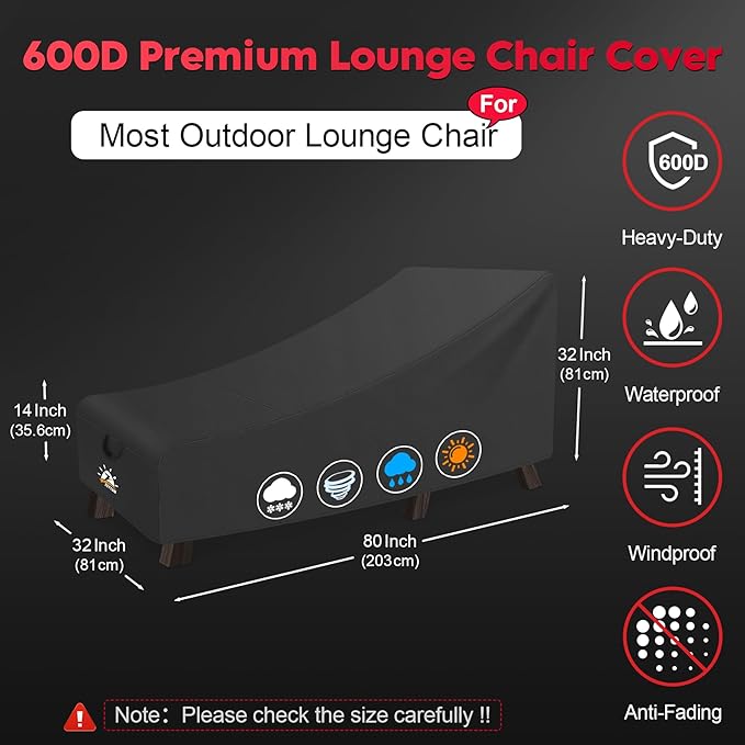 Zettum Outdoor Lounge Chair Cover - Waterproof Patio Chaise Lounge Chair Cover, 600D Heavy Duty Fade-Resistant Outdoor Seating Covers for Pool Lounge Chair, Lawn Bench Furniture 80 x 32 x 32 Inch