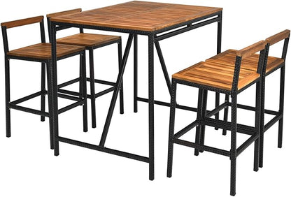 RELAX4LIFE 5-Piece Patio Bar Set, Acacia Wood Counter Height Bistro Dining Table w/Umbrella Hole, Wicker Rattan Bar Stools Set of 4 for Balcony Backyard Poolside, 5PCS Outdoor Bar Table and Chairs Set