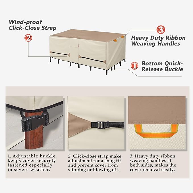 Porch Shield Patio Table Cover - Waterproof Outdoor Dining Table and Chairs Furniture Set Cover Rectangular - 108 x 70 inch, Light Tan & Khaki