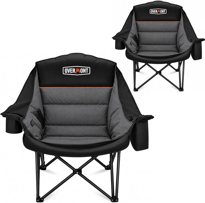 Overmont Gentle Heated Oversized Camping Chair for Adults - 3 Levels Seat & Back Separately Control - 500lbs Support Heavy Duty Padded Folding Chair Outdoor Garden Portable - Battery NOT Included