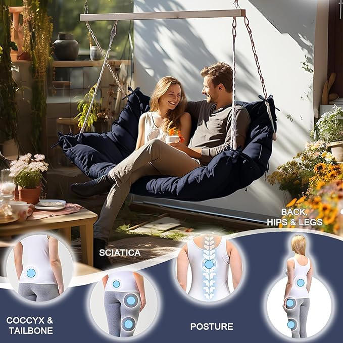Outdoor Swing Cushions 3 Seater Waterproof, Replacement Bench Cushions for Outdoor Patio Furniture with Backrest, Porch Swing Cushion with Ties for Lawn and Garden (Navy Blue, 40x60in)