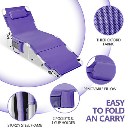 Tanning Chair with Face Hole, Adjustable Folding Chaise Lounge Chairs for Outside with Detachable Pillow & Pocket，Portable flat beach chairs for sunbathing, beach lawns camping (Purple, Standard)