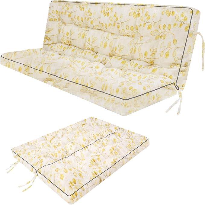 Swing Replacement Seat Cushions, 2-3 Seater Bench Cushions for Outdoor Furnitur with Backrest, Garden Recliner Seat Cushions Waterproof Sofa Pads (Yellow Leaves, 63x40in)