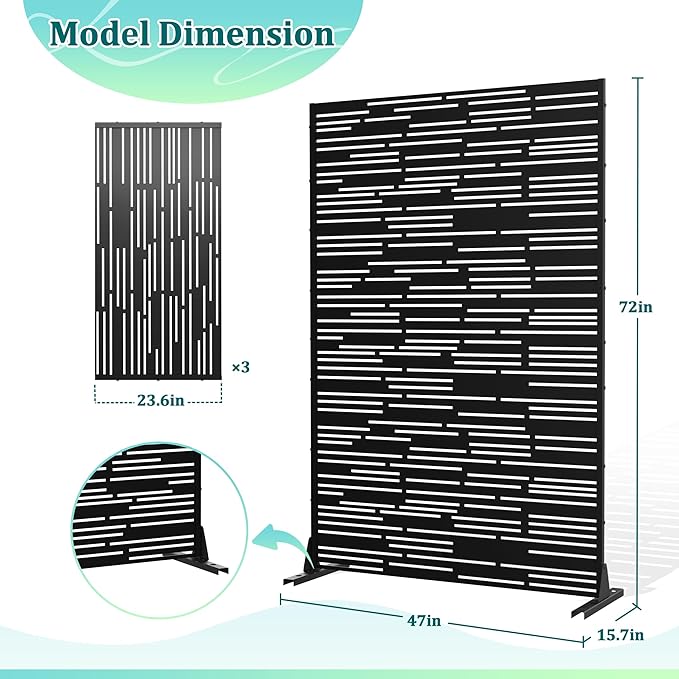Metal Privacy Screen Outdoor Privacy Screen, Freestanding Fence Panel for Outside, 72''H×47''W, Decorative Screen Panel for Backyard/Patio/Deck
