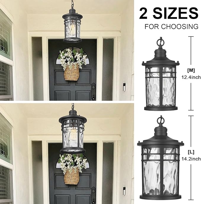 Darkaway Large Outdoor Pendant Lights for Porch, 15inch Outdoor Chandelier Hanging Porch Lights Outside Ceiling Mount Aluminum with Water Ripple Glass for Front Porch Gazebo Patio