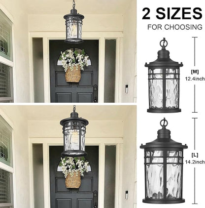 Darkaway Large Outdoor Pendant Lights for Porch, 15inch Outdoor Chandelier Hanging Porch Lights Outside Ceiling Mount Aluminum with Water Ripple Glass for Front Porch Gazebo Patio