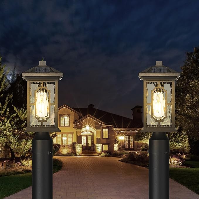 Solar Outdoor Post Light,Dusk to Dawn Aluminum Lamp Posts with Remmote,Waterproof Exterior Pillar Lantern with Water Ripple Glass for Pathway Garden Patio Gargae, 2700K LED Bulb Included