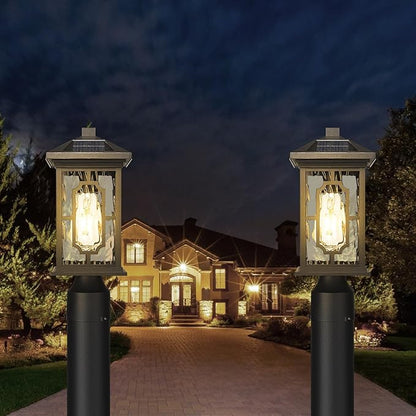 Solar Outdoor Post Light,Dusk to Dawn Aluminum Lamp Posts with Remmote,Waterproof Exterior Pillar Lantern with Water Ripple Glass for Pathway Garden Patio Gargae, 2700K LED Bulb Included