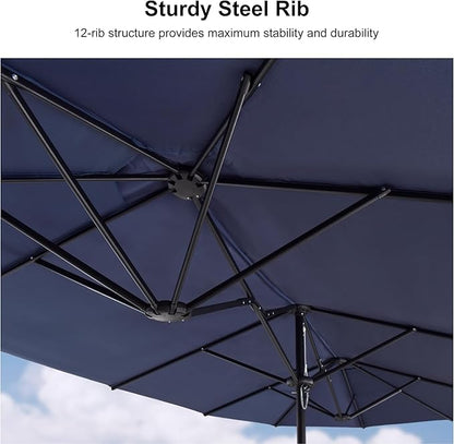 PURPLE LEAF 14ft Patio Market Umbrella with Base Double-Sided Rectangle Outdoor Table Sun Umbrellas with Crank 12 Heavy Duty Sturdy Ribs for Pool Beach Deck Backyard Navy Blue
