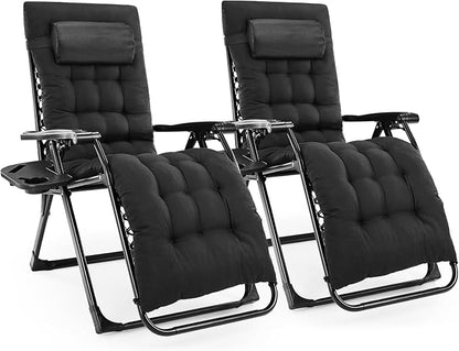 NEWBULIG Set of 2 Zero Gravity Chair, Folding Patio Recliner with Removable Cushion & Cup Holder Trays, Portable Lounge Chair for Beach & Camping, Classic Black