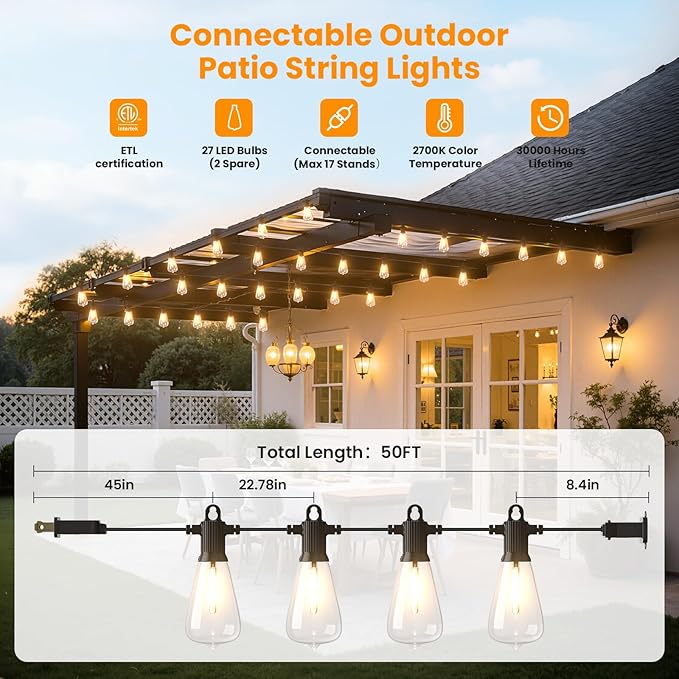 ZOTOYI Outdoor String Lights，50FT Patio Lights with 27 Vintage Edison Bulbs (2 Spare)，ST38 Waterproof Outside Hanging Light for Backyard, Bistro, Cafe, Gazebo, Porch Decor, Dimmable 2700K