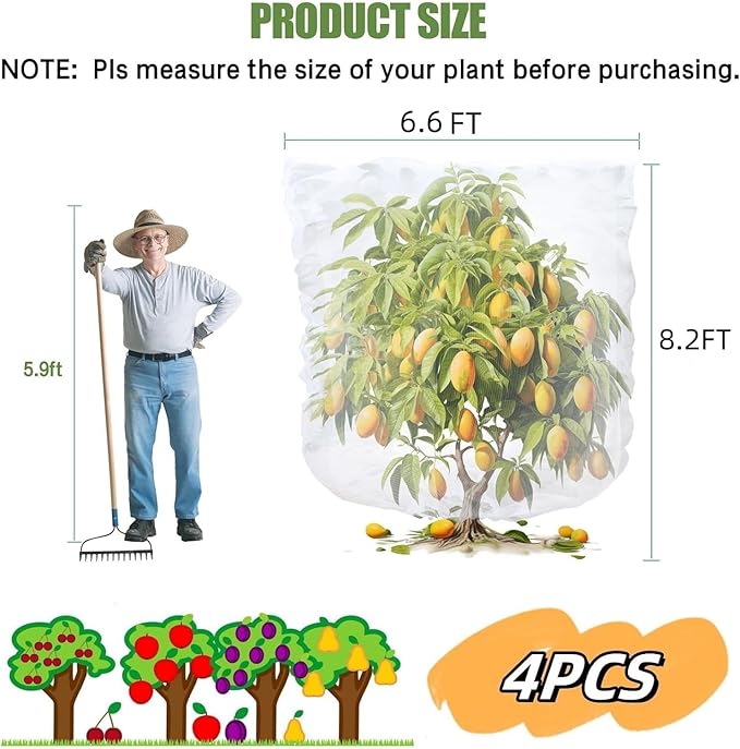 4PCS Bird Netting 6.6x8.2FT Tree Net Mesh Bag with Drawstring Garden Insect Netting Pest Barrier Blueberry Netting Plant Row Cover White Mosquito Net for Fruit/Flower/Vegetables