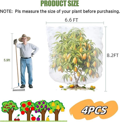 4PCS Bird Netting 6.6x8.2FT Tree Net Mesh Bag with Drawstring Garden Insect Netting Pest Barrier Blueberry Netting Plant Row Cover White Mosquito Net for Fruit/Flower/Vegetables