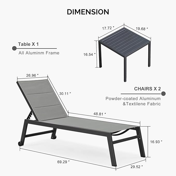 PURPLE LEAF Extra Large Outdoor Chaise Lounge 4 Pieces Aluminum Patio Lounge Chair with Wheels Reclining Chair for Patio Pool Beach Sunbathing Grey Oversized Lounger