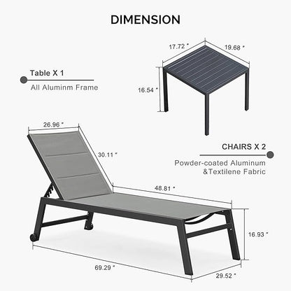 PURPLE LEAF Extra Large Outdoor Chaise Lounge 2 Pieces Aluminum Patio Lounge Chair with Wheels Reclining Chair for Patio Pool Beach Sunbathing Grey Oversized Lounger