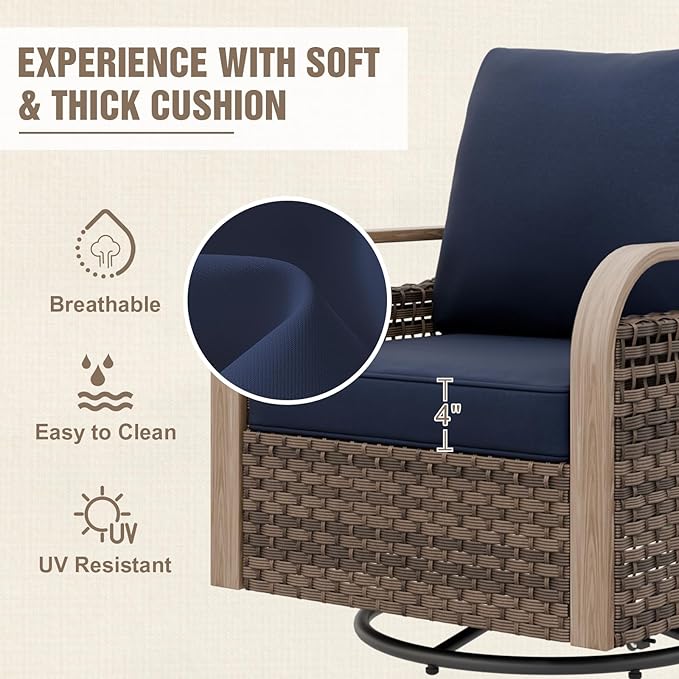 Modern Wicker Patio Furniture Set, Rattan Outdoor Conversation Set with Comfortable Cushions, 2 Swivel Rocking Chairs, 2 Seat Loveseat and 2 Ottomans, 5 Pieces, Brown/Blue