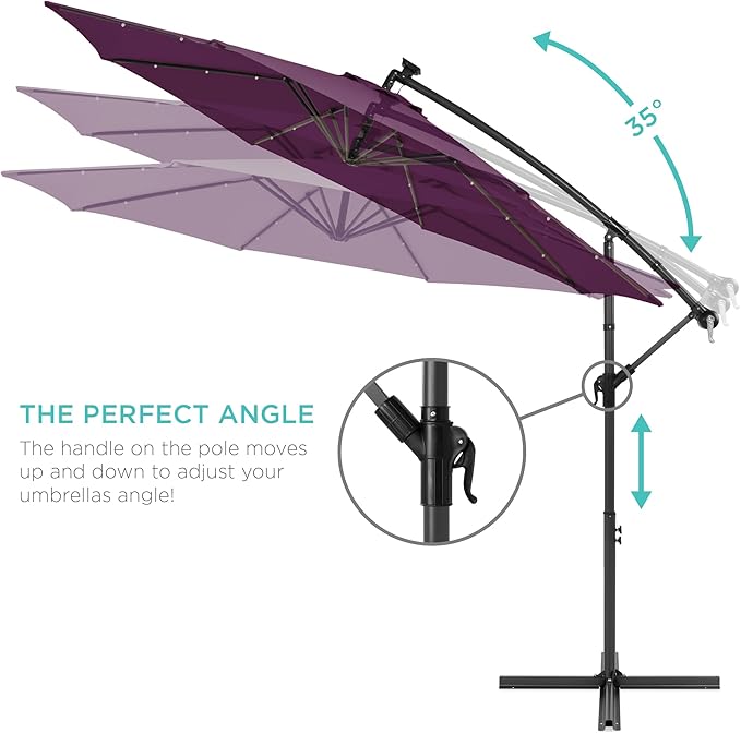 Best Choice Products 10ft Solar LED Offset Hanging Market Patio Umbrella for Backyard, Poolside, Lawn and Garden w/Easy Tilt Adjustment, Polyester Shade, 8 Ribs - Amethyst Purple
