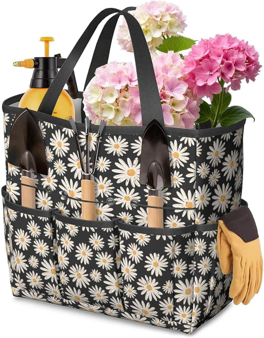 Daisy Flowers Garden Tool Bag - Waterproof Garden Tote with 8 Pockets, Large Storage Home Organizer Gardening Tool Oxford Bag for Garden Tools Kits Holder, Ideal Outdoor Gardening Gift for Women & Men