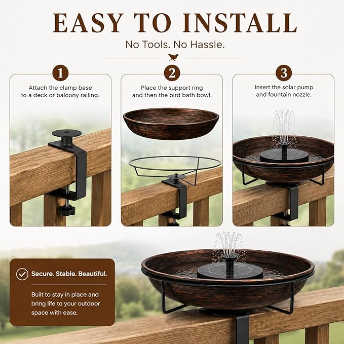 Deck Mounted Bird Bath with Solar Fountain Heavy Duty Metal Birdbath Bowl 1.45 Gallon 3.54" Adjustable Railing Clamp All Weather Outdoor Bird Feeder for Patio Fence Balcony Backyard