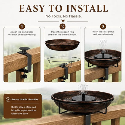 Deck Mounted Bird Bath with Solar Fountain Heavy Duty Metal Birdbath Bowl 1.45 Gallon 3.54" Adjustable Railing Clamp All Weather Outdoor Bird Feeder for Patio Fence Balcony Backyard
