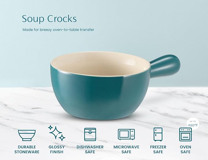 Kook French Onion Soup Crocks, Stackable Ceramic Bowls with Handles, Broil, Oven, Microwave and Dishwasher Safe, for Cereal, Soups, Casseroles, with Handle, 24 Oz, Set of 4, Teal Ombre