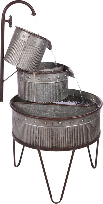 Alpine Corporation YHL684 33" Outdoor Floor 3-Tier Vintage Tubs and Planters Fountain, Rustic Metal Cascading Waterfall Feature for Gardens, Patios, and Yards, Silver