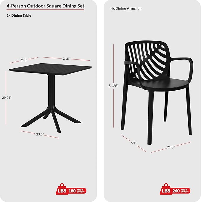 Costaelm 5 Piece Patio Furniture Set, HDPE Patio Square Bistro Table and Stackable Chairs Sets for 4, Outdoor Furniture All Weather for Backyard Poolside, White