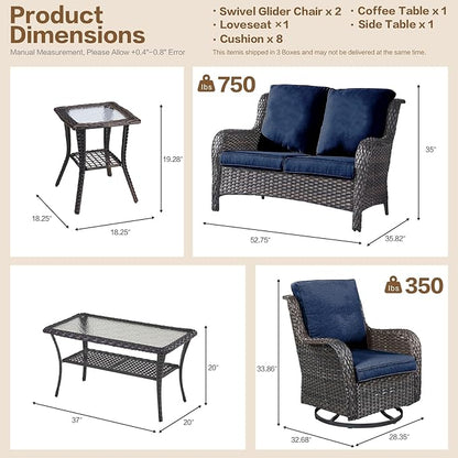 5 Pieces Outdoor Patio Furniture Conversation Set PE Rattan Wicker with 2 Swivel Glider Rocker Chairs, 2 Coffee Table and 1 Loveseat for Yard Backyard Poolside (Brown/Navy Blue)