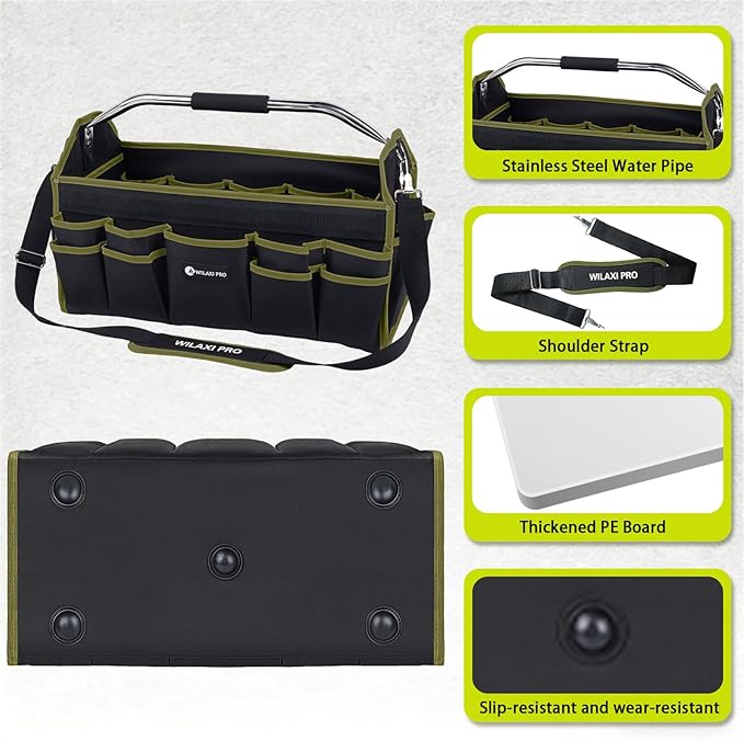 16in Foldable Open Top Tool Tote, Tool Bags For Men Heavy Duty, Tool Carrier tool bag hard With Handle, Wide Mouth Electrician Tool Tote, Many Pockets Can Hold Many