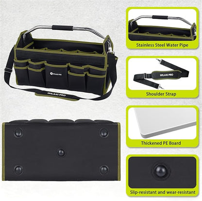 16in Foldable Open Top Tool Tote, Tool Bags For Men Heavy Duty, Tool Carrier tool bag hard With Handle, Wide Mouth Electrician Tool Tote, Many Pockets Can Hold Many