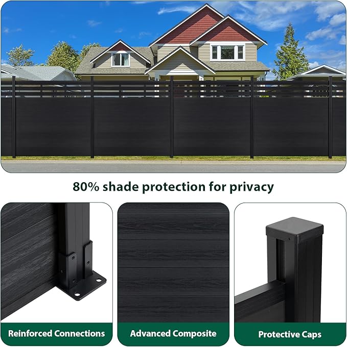 6×6Ft Outdoor Privacy Fence Panel, Decorative Garden Fence Panels, Windproof Wood Plastic Composite Fence for Outside, Yard Backyard and Swimming Pool （Black, 1 Post）