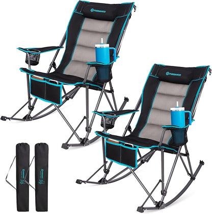 FUNDANGO Oversized Rocking Camping Chair for Adults, 2 Pack High Back Padded Folding Lawn Chairs with Pillows, Wide Armrest, 2 Cup Holders, Carry Bag for Patio Garden Outdoor Supports 440Lbs