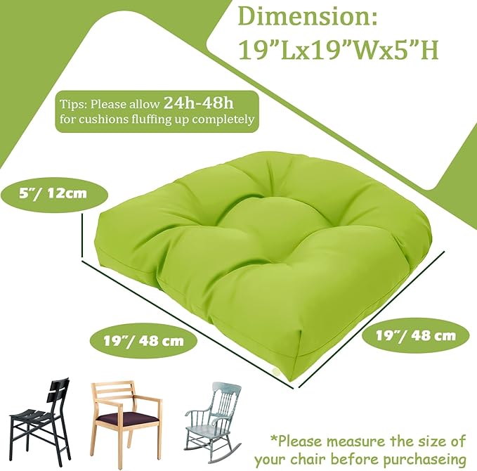 MTMR Outdoor Chair Cushions Set of 2, 19x19 Waterproof Wicker Seat Cushions for Patio Furniture, Thick Tufted Outdoor Replacement Furniture Pad for Porch Lawn Wicker Desk Dining Rocking Chair, Green