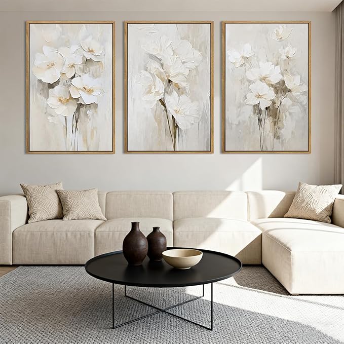 Anyzal Framed Neutral Beige Floral Wall Art Large 16x24 Inch White Cream Flower Canvas Wall Decor Modern Botanical Farmhouse Painting for Living Room Bedroom Dining Room Set of 3